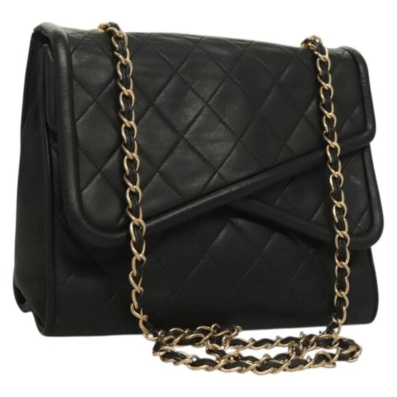 CHANEL Chain Shoulder Bag Leather Black Gold CC - Picture 1 of 15